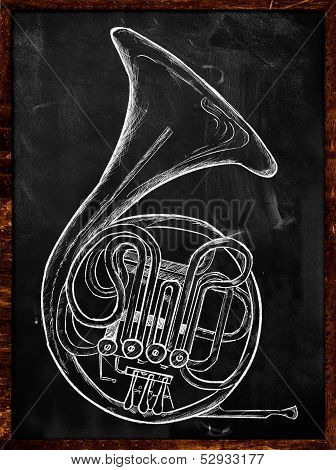 French horn drawing on blackboard