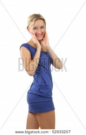 Blonde Woman, 34 Years Old, In A Short Blue Dress.
