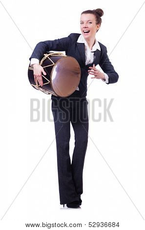 Funny businesswoman with drum isolated on white