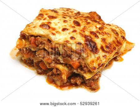 Beef lasagna isolated on white background
