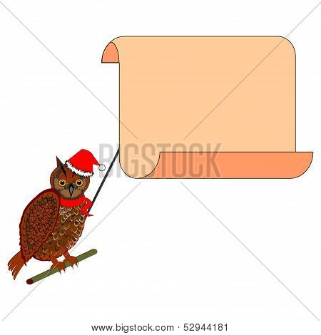 A Christmas Owl With A Big Blank Paper In His Beak
