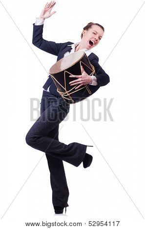Funny businesswoman with drum isolated on white