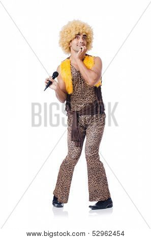Man with afrocut and mic isolated on white