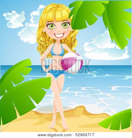 Playful girl in bathing suits with inflatable ball
