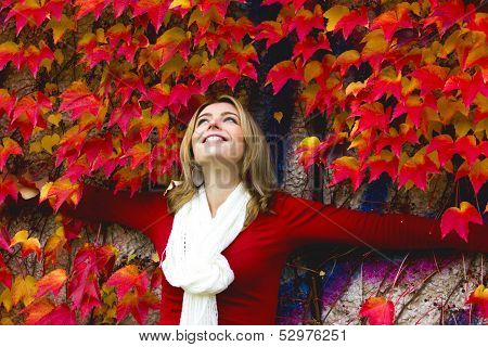Beautiful woman between red leaves - autumn