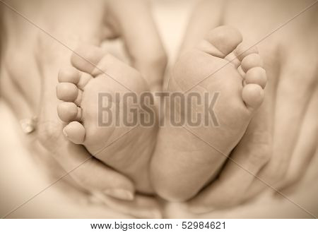 Newborn Baby Feet On Female Hands