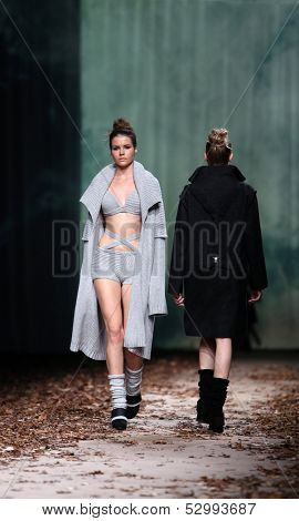 ZAGREB, CROATIA - OCTOBER 25: Fashion model wearing clothes designed by Etna Maar on the Cro a Porter show on October 25, 2013 in Zagreb, Croatia.
