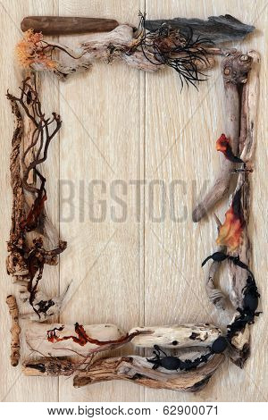 Driftwood and seaweed abstract border over old oak background.