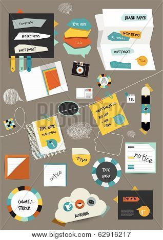 Work office web layout. Colorful graphic template. Folder, sticker, graph, tab, data, bubbles set. V