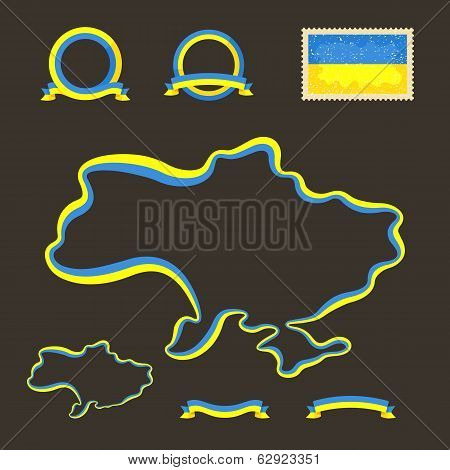 Outline map of Ukraine. Border is marked with a ribbon in the national colors. The package contains a stamp with flag and frames. The file is made with no transparencies and gradients.