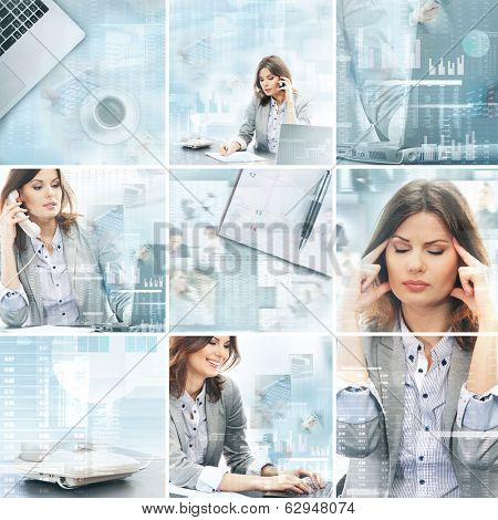 Businesswoman working in office over the modern abstract background. Collage made of different pictures.