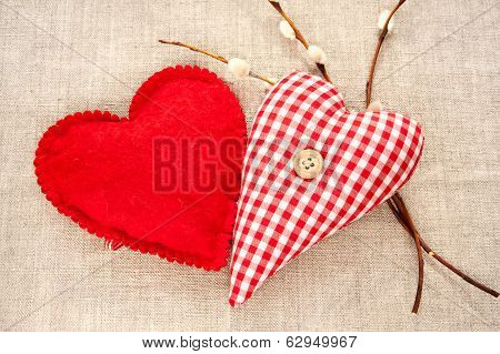 Two Homemade Sewed Red Cotton Love Hearts With Spring Willow Twig