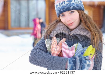 Winter. Girl With Heart Shapes Outdoor.