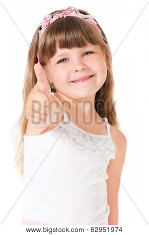 Portrait of cute little girl showing thumb up, isolated on white background