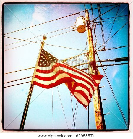 Instagram Style Image Of An American Flag And Utility Pole memorial day, 4th of july, veteran's day