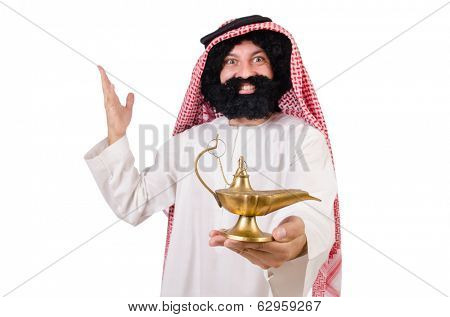 Funny arab man with lamp  isolated on white