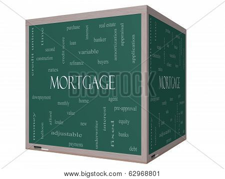 Mortgage Word Cloud Concept On A 3D Cube Blackboard