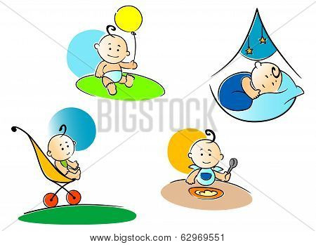 Funny Childs Playing, Sleeping And Eating