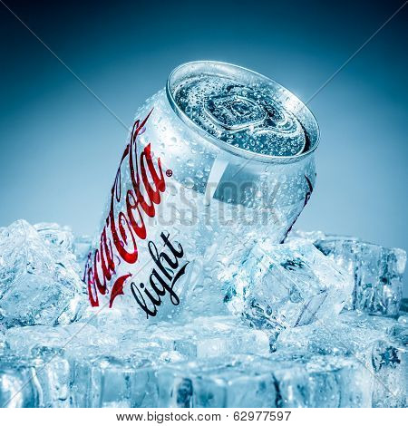 MOSCOW, RUSSIA-APRIL 4, 2014: Can of Coca-Cola Lignt on ice. Coca-Cola is a carbonated soft drink sold in stores, restaurants, and vending machines throughout the world.