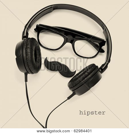 a pair of glasses, a mustache and a pair of headphones, and the word hipster on a beige background