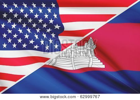 Series Of Ruffled Flags. Usa And Cambodia.