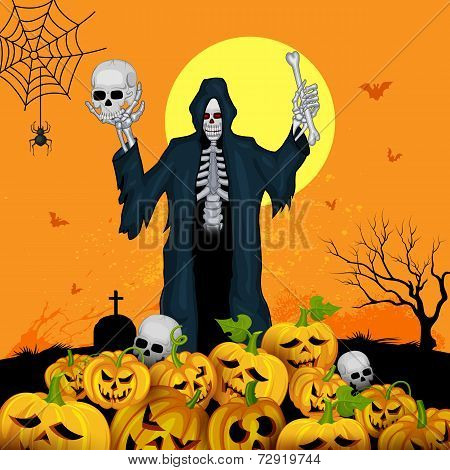 Skelton with pumpkin in Halloween night