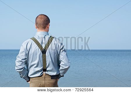 Man 40 Years Standing Back Looking Sea