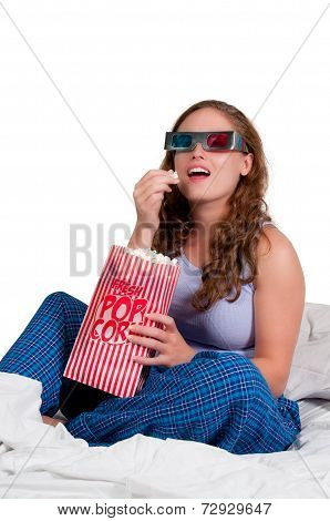 Woman In Bed With Popcorn