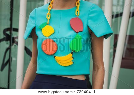 Detail Of Necklace Outside Jil Sander Fashion Shows Building For Milan Women's Fashion Week 2014