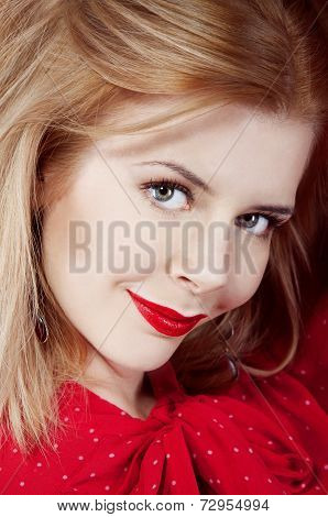 Sensual Blonde Woman In Red