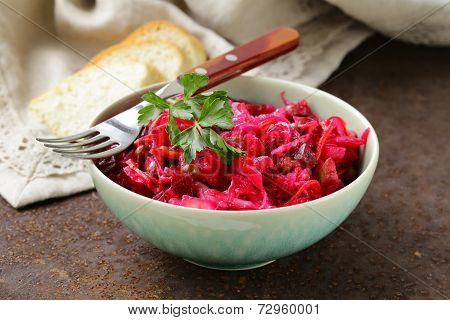 traditional Russian salad of beetroot and pickled cabbage (vinigret)