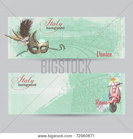 Set of horizontal banners of Italy. Cities of Rome and Venice with a mask and a pink moped