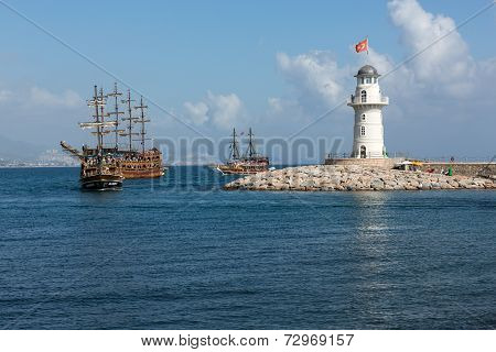 Tourists enjoying sea journey on vintage sailships in Alanya Turkey.