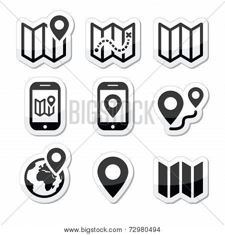 Map travel icons set