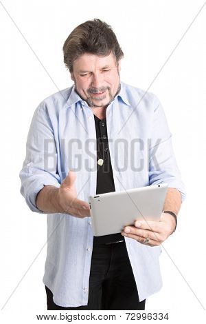 Three-quarter length of Caucasian man with tablet. 