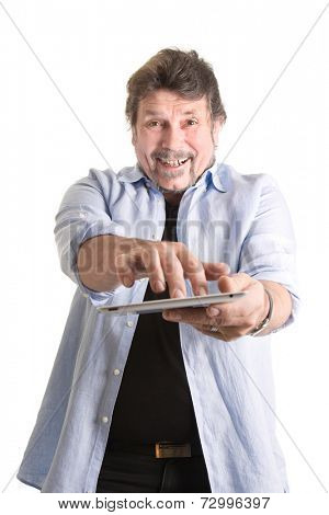 Three-quarter length of Caucasian man with tablet. 