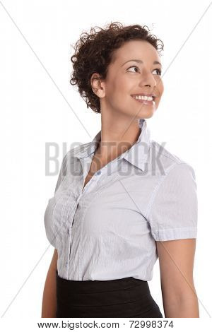 Smiling young beautiful business woman looking back isolated
