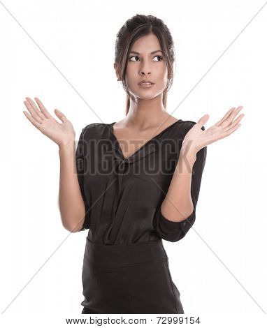 Isolated beautiful young business woman in black clothes is talking