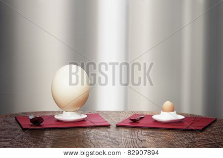 Ostrich And Hen Eggs In Eggholders
