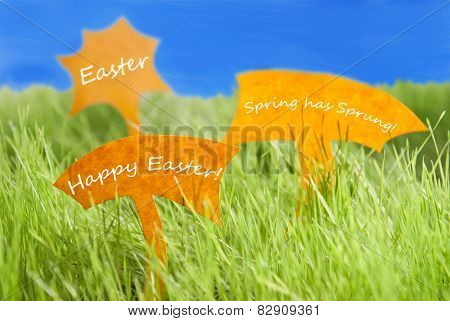 Three Labels With Happy Easter And Blue Sky