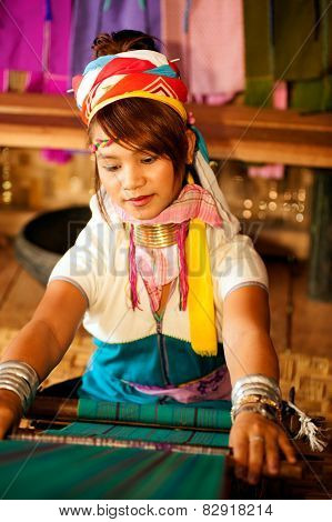 Portrait Of Kayan Lahwi  Girl Is Weaving.