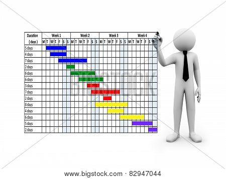3D Businessman Designing Gantt Chart On Touch Screen
