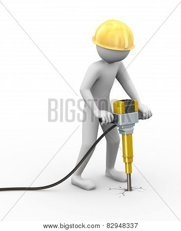 3D Man With Helmet And Jackhammer Working