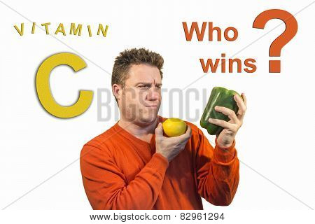 Thoughtful Man Holding Fruits And Vegetables