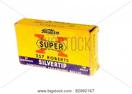 Hayward, CA - February 10, 2015: old box of Western Super-X, 257 Roberts caliber with Silvertip bullets ammunition  isolated on white