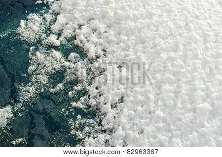 Friable Texture Of Sparkling Snow On Glass