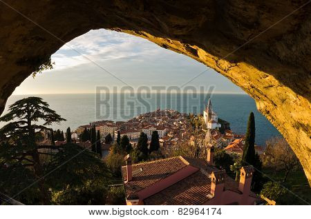 Panoramic view of adriatic sea and city of Piran in Istria