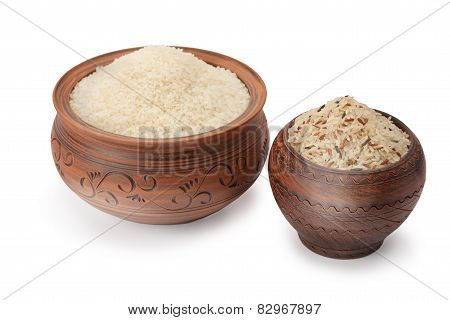 Clay Pots With Rice Isolated On White Background
