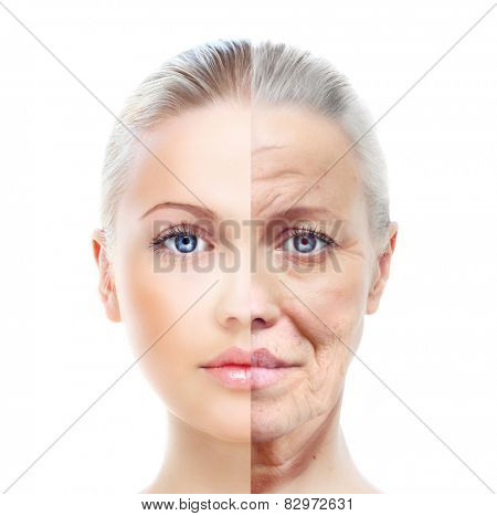 Old and young woman, isolated on white, before and after retouch, beauty treatment, aging concept.