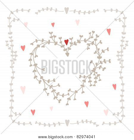 Vector hand drawn set - heart shaped wreath, hearts and twigs